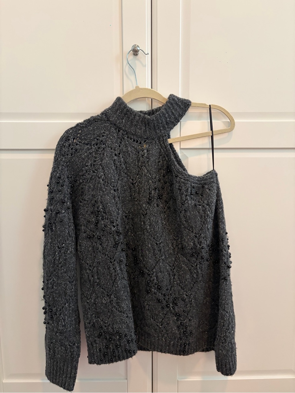 Zara Charcoal Gray One-Shoulder Beaded Turtleneck Sweater